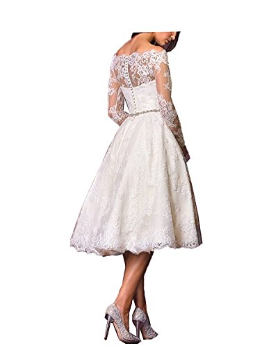 Aurora dresses Damen Spitze Hochzeitskleid Vintage Teelänge Romantisch Brautkleider Langarm(Elfenbein,34) - 2