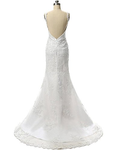 JAEDEN Damen V-Ausschnitt Spitze Meerjungfrau Hochzeitskleid Lang Rueckenfrei Brautkleid Elfenbein EUR38 - 2