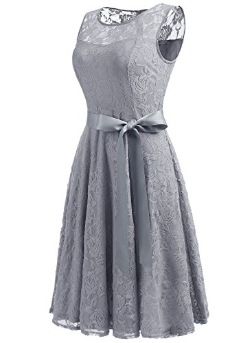 Dressystar DS0009 AbendKleid Ärmellos Kurz Brautjungfern Kleid Spitzen Rundhals Damen Kleider Grau M - 2