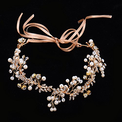 Oshide Vintage Braut Haarschmuck Golden Kopfschmuck Mit Perlen und Strass - 2