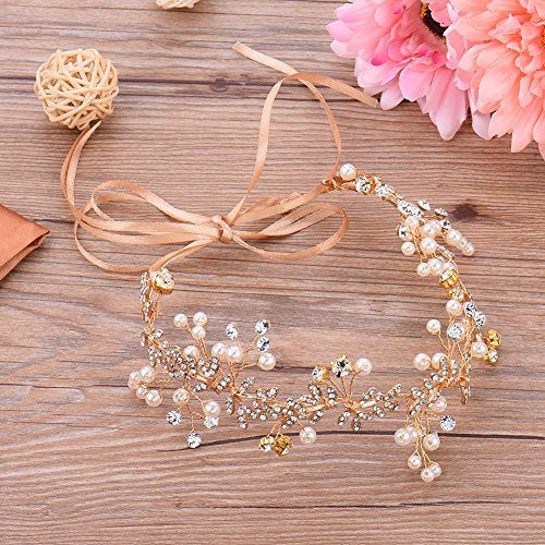 Oshide Vintage Braut Haarschmuck Golden Kopfschmuck Mit Perlen und Strass - 6