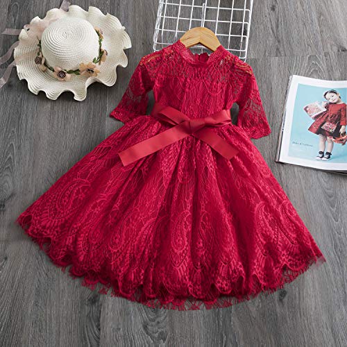 TTYAOVO Mädchen Spitze Gestickte Prinzessin Partykleid Blumenmädchen Hochzeitskleid 6-7 Jahre Größe(140) 481 Rot - 2