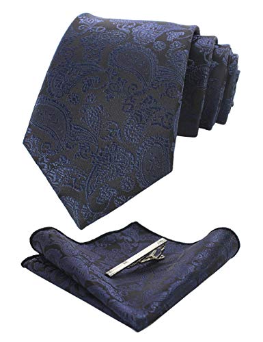 JEMYGINS Dunkelblau krawatte Paisley Seide Herren Krawatten und Einstecktuch mit krawattenklammer Sets (1) - 2