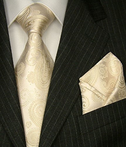 LORENZO CANA Marken Set Krawatte 100% Seide mit Einstecktuch - Hochzeitskrawatte Ivory Elfenbein Hochzeit Trauung 84310 -