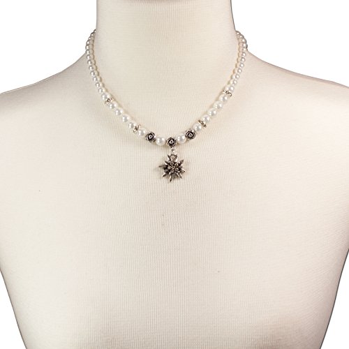 Trachtenschmuck Trachtenset Perlenkette & Edelweissohrhänger (cremeweiß) * Damen Dirndlkette, Perlenkette Oktoberfest - 5
