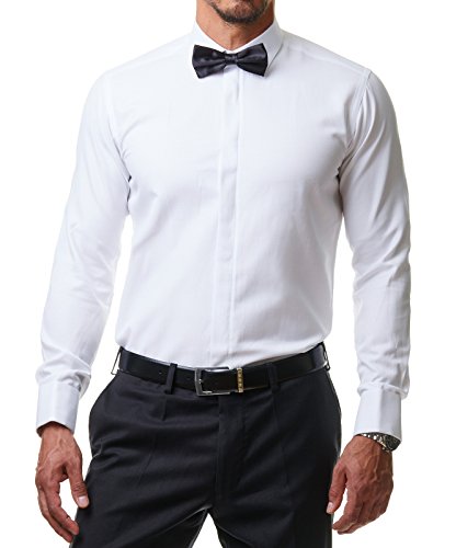 Herren Hemd Smoking Anzug Klassik Business Langarm Fliege Manschettenknöpfe Bügelleicht Hochzeit Premium Slim Fit Shirt PR6615, Farbe:Weiß, Größe:45 / 2XL - 2