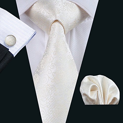 Mens formal 100% Silk neck tie, pocket square cufflink set wedding (Ivory paisley) -