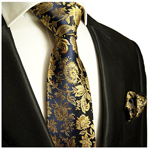 Krawatten Set 2tlg 100% Seide schwarz blau gold Hochzeit Hochzeitskrawatte mit Einstecktuch -