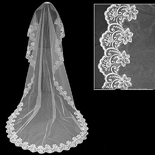 TinkSky Mode 2,6 M lange monistisches Stickerei Spitze Kante Dekor Braut Hochzeit Schleier Mantilla (weiß) -