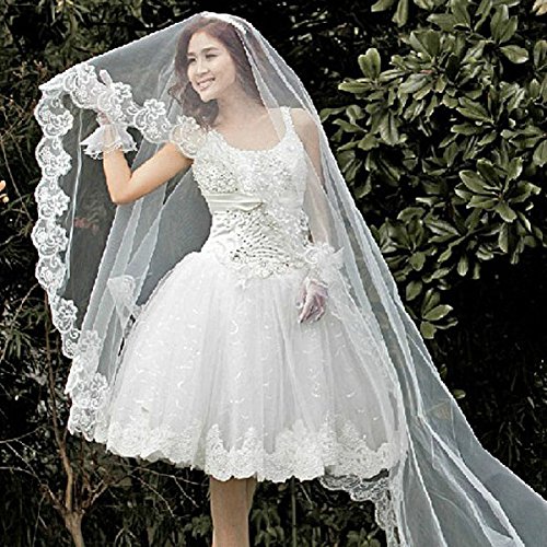 TinkSky Mode 2,6 M lange monistisches Stickerei Spitze Kante Dekor Braut Hochzeit Schleier Mantilla (weiß) -