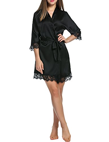 BeautyUU Damen Morgenmantel Kimono Bademantel Satin Nachthemd Nachtwäsche Schlafanzüge Mit Blumenspitze, 1-schwarz, M - 2
