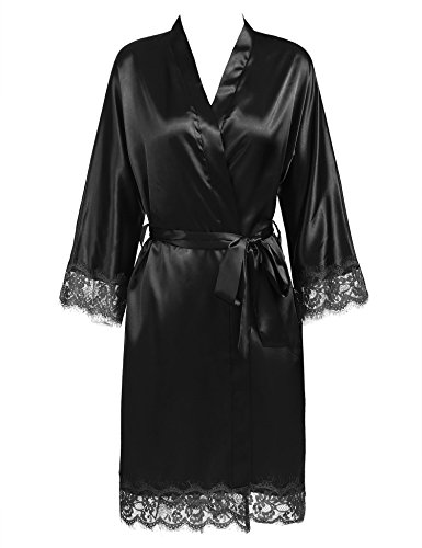 BeautyUU Damen Morgenmantel Kimono Bademantel Satin Nachthemd Nachtwäsche Schlafanzüge Mit Blumenspitze, 1-schwarz, M - 5