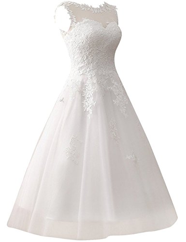 Brautkleid Hochzeitskleider A Linie Tüll Spitze Brautmode Damen Festkleider Wadenlang Elfenbein EUR56 - 3