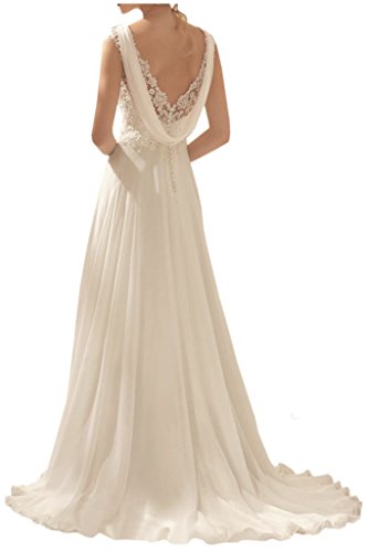 Milano Bride Elegant V-Ausschnitt Spitze Chiffon Hochzeitskleider Brautkleider Brautmode Damen Festkleider Rueckenfrei -40-Weiss - 2