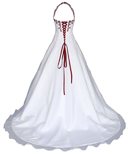 Romantic-Fashion Brautkleid Hochzeitskleid Neckholder Weiß Modell W021 A-Linie Satin Perlen Pailletten bordeauxrote Stickerei DE Größe 50 - 2